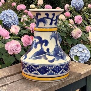 Vintage 6.5" Blue & White Ceramic Vase, Yellow Trim Hand Painted Floral Pottery